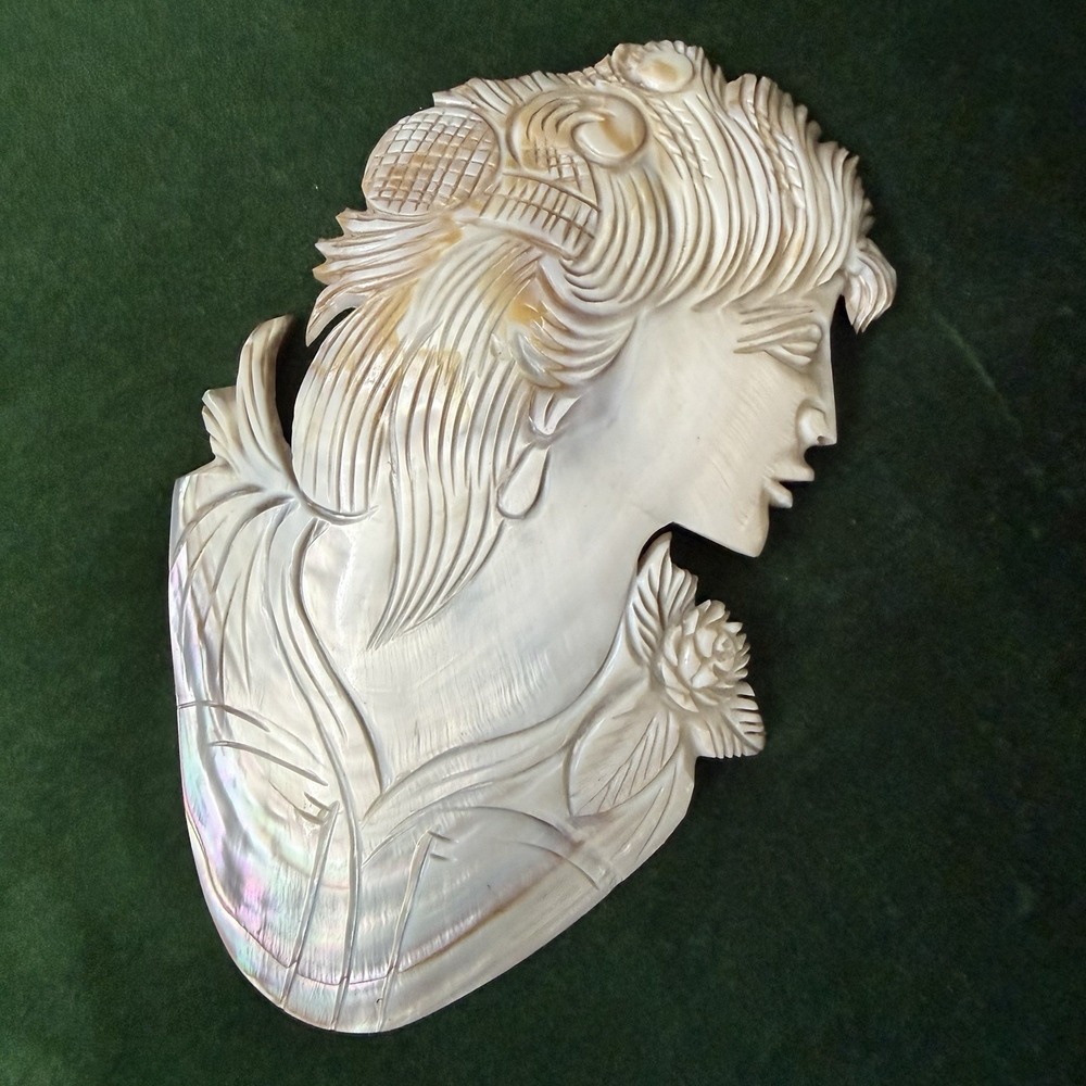 Antique Hand Carved Mother Of Pearl Shell Cameo Large 6-1/2" x 4" Woman Figure - Picture 10 of 15
